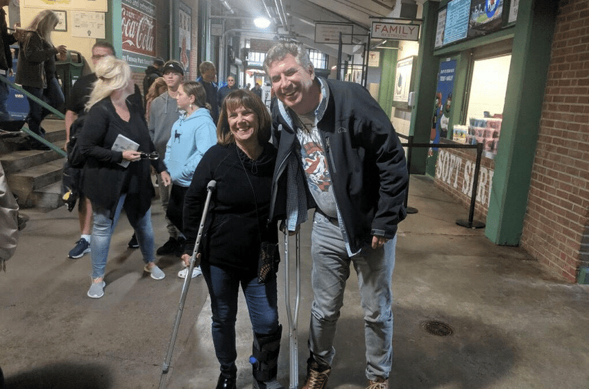 Jim Sullivan on crutches at Fenway Park