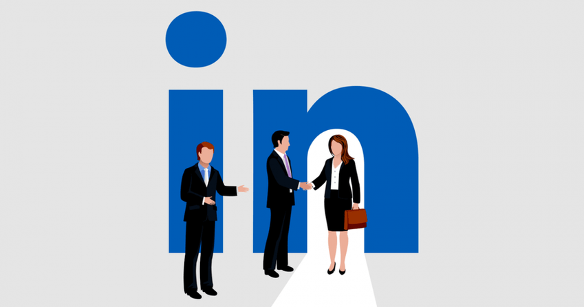 LinkedIn logo with illustrated business professionals