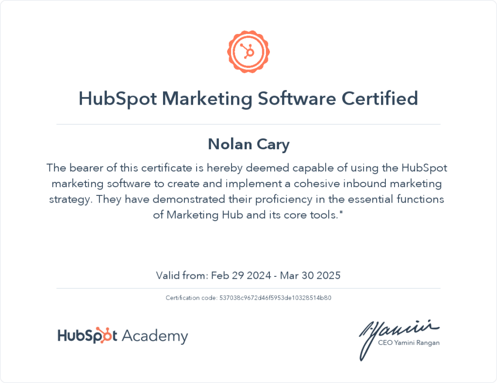 Nolan's Hubspot Certificate